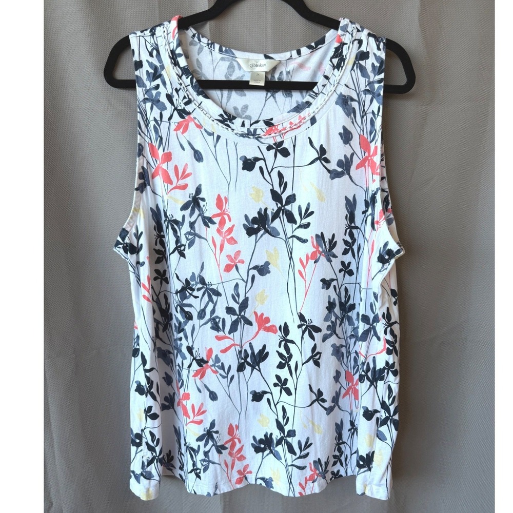 CJ Banks Tank Top White Floral Braided Neck Sleeveless Womens 2X